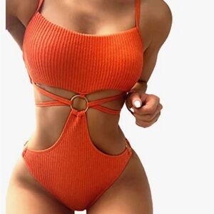 FLAWED NWT Flatter Me From Amazon Orange Textured One Piece Monokini L